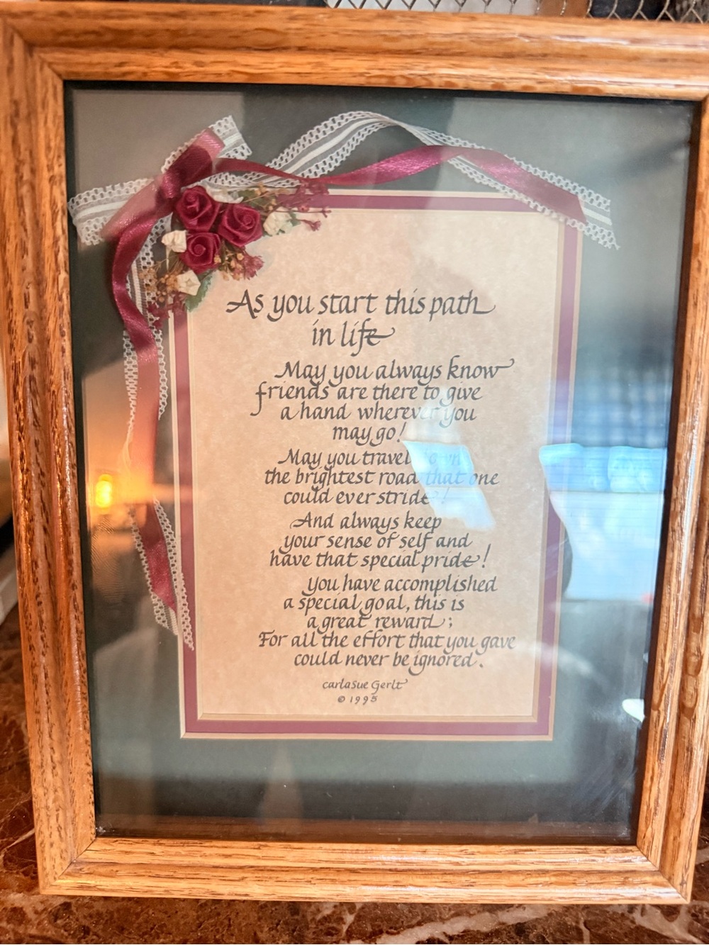 Framed Inspirational Wall Art with Burgundy Ribbon Accent by
